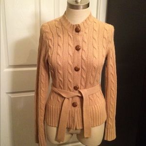 J Crew Cable Knit Cardigan Sweater-Belt-Wool/Cashmere-Camel Color-Size Small
